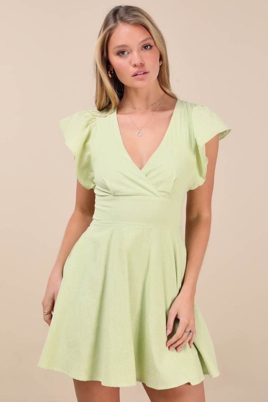 Lulu's Light Green V-Neck Flutter Sleeve Mini Dress